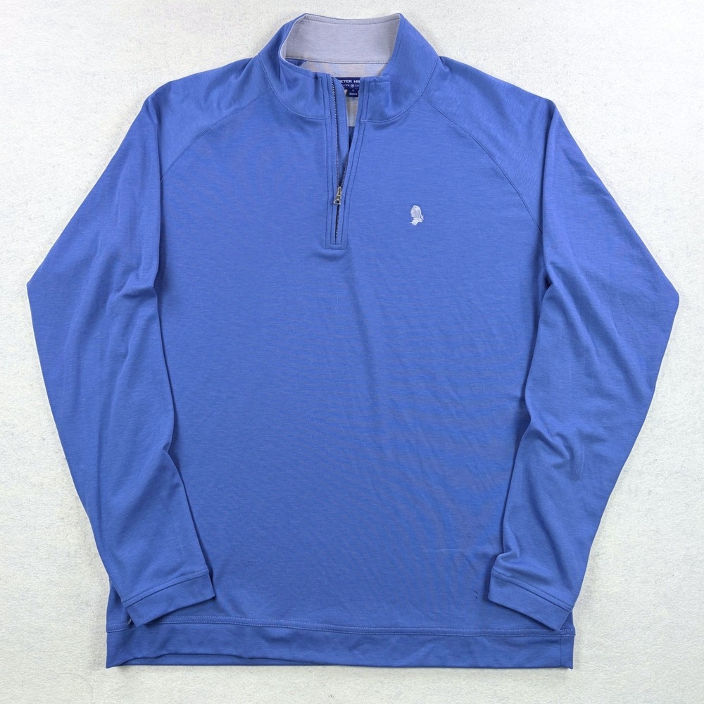 Peter Millar Crown Crafted Mens Large Blue Wool Blend Quarter Zip Pullover Golf